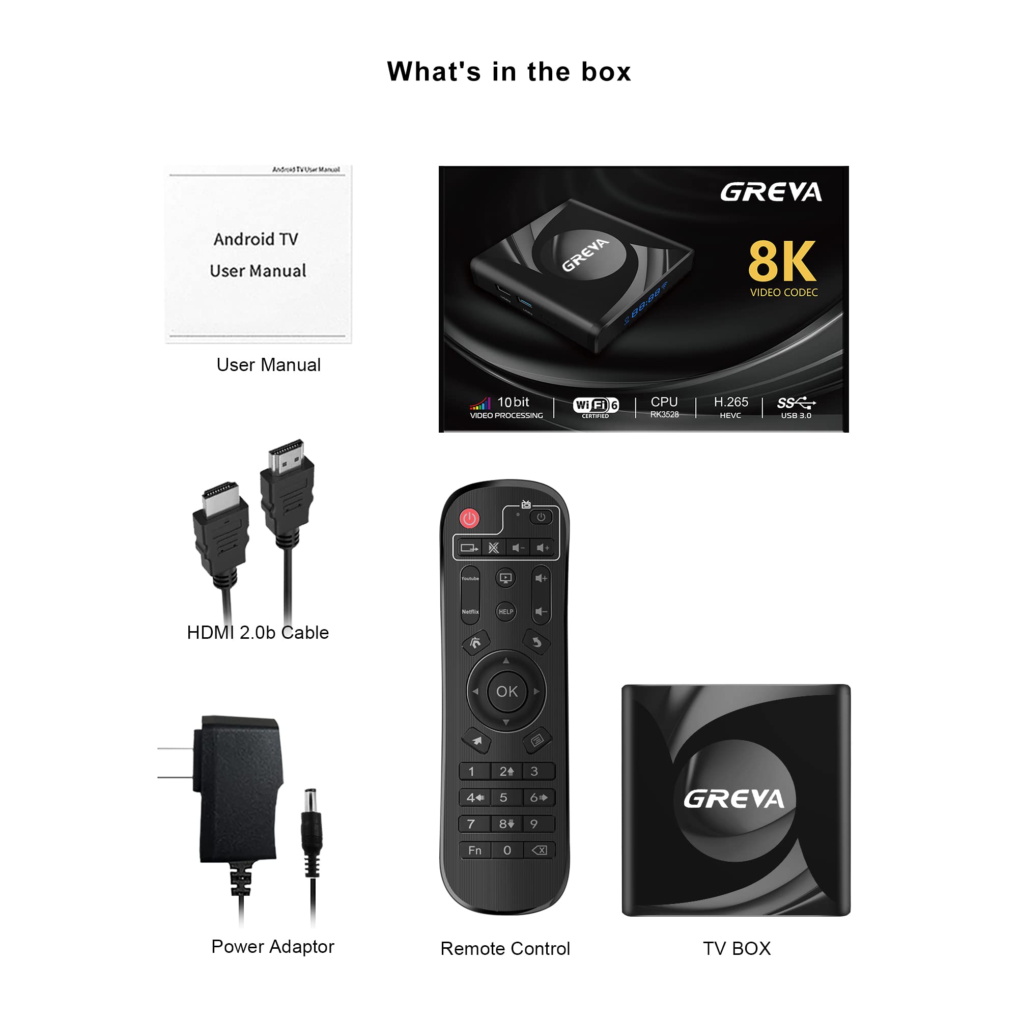 GREVA 8K Android TV Box 13.0 2GB RAM 16GB ROM Smart TV Box RK3528 Chipset Support 2.4G/5.0G WiFi 6 HDR10 BT5.0 USB3.0 Ethernet LAN 3D 1080P 2K 4K+ Utral HD Streaming Media Player