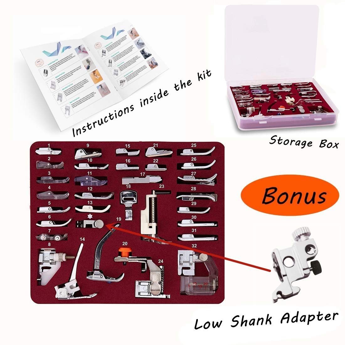 Windman 32Pcs Sewing Machine Presser Feet Set Include Instructions and Deluxe Package for Brother Singer Janome Babylock Low Shank Sewing Machine Use