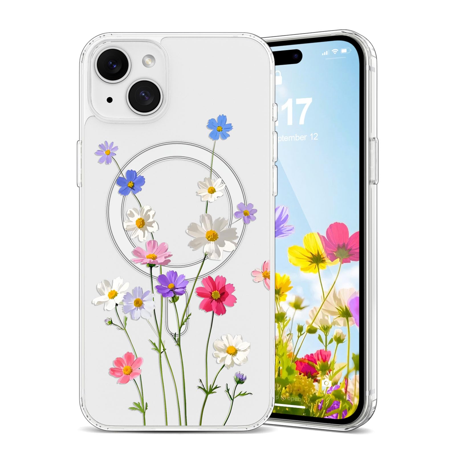 EYZUTAK Magnetic for iPhone 13/iPhone 14 Case Flower Case Compatible with MagSafe, Pretty Floral Stylish Aesthetic Phone Cover Slim Clear Anti-Yellowing Protective Cover for Girls Women - Coreopsis
