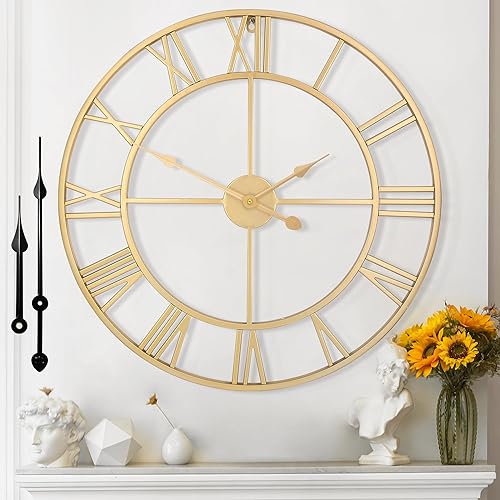 Mee 2ou Large Wall Clock - 60CM Non Ticking Metal Wall Clock Roman Numerals Vintage Silent Battery Operated Decorative Wall Clocks For Living Room, Bedroom, Kitchen Decor