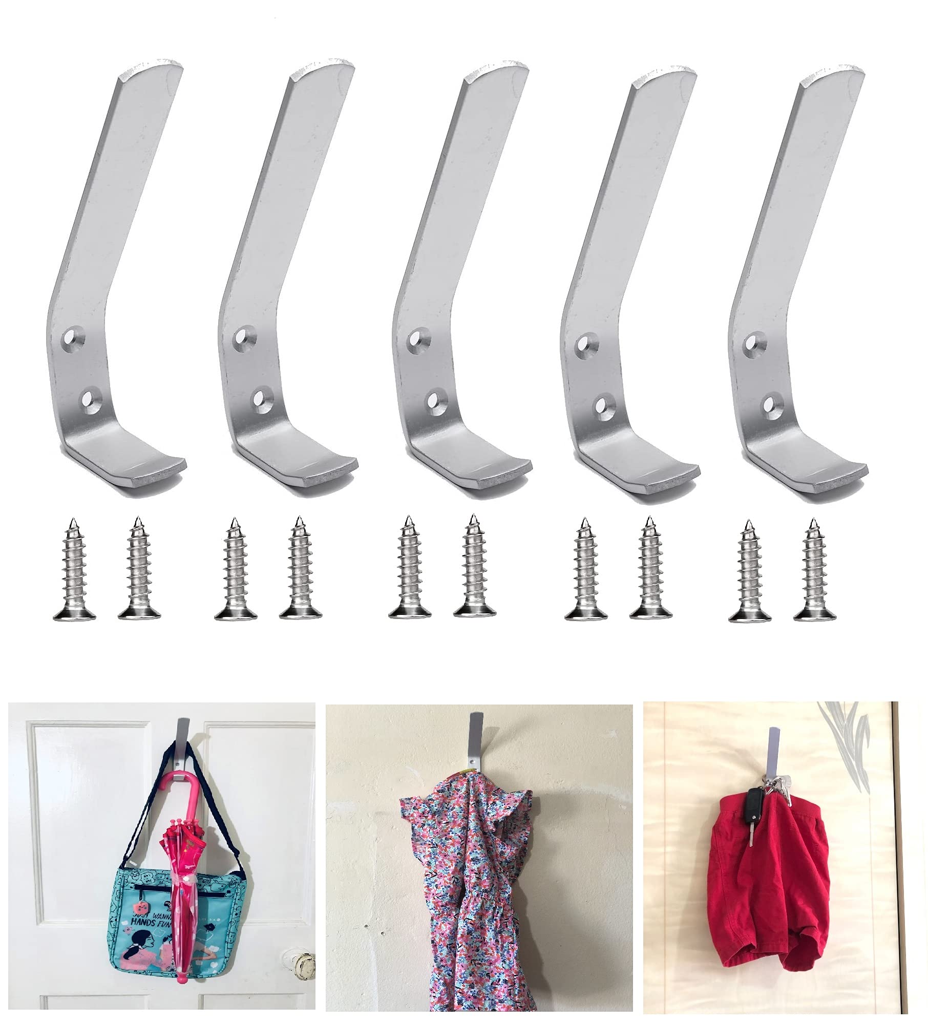 TERF® Aluminum Double Wall Mounted & Door Hat Coat Robe Hooks for Bathroom Bedroom Kitchen Office Door Hooks with Fixing Screw - Pack of 5