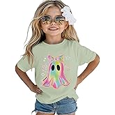 BOUTIKOME Toddler Girl Halloween T-Shirt Colorful Bow Ghost Graphic Shirts Kid Short Sleeve Tees Spooky Season Outfits Tops
