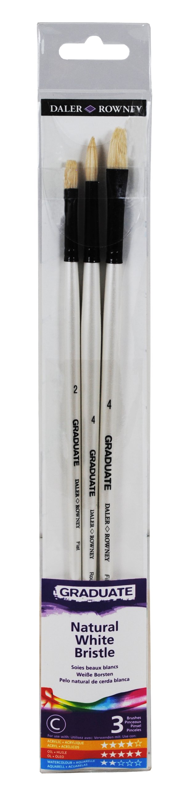 Daler-Rowney Graduate Oil brush, Natural Hog Bristle, Long Handle, Round, Flat and Filbert, , Wallet Set, 3 Assorted Brushes