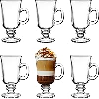 Set of 6 Irish Coffee Mugs, 8 Oz Glass Footed Espresso Cups with Handles, Clear Goblet Mugs Glasses for Coffee, Latte, Cappuc