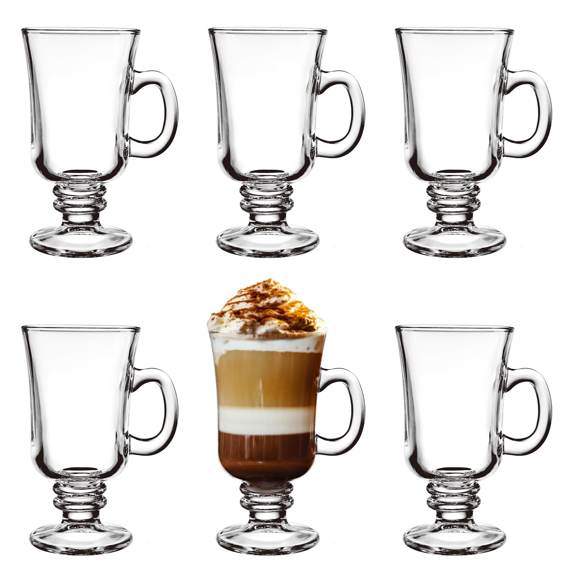 binsakao Irish Coffee Glasses, Set of 6 Latte Glasses 230ml Latte Mugs, Glass Coffee Mugs with Handle, Cappuccino Cups Hot Chocolate Glasses