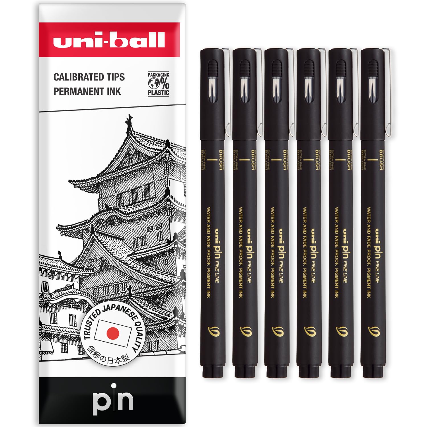 Uni Pin Fineliner Drawing Brush Pens - Brush Nibs - Black Ink - Extra Fine Nib - Pack of 6 - In Envelope Gift Packaging