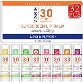 SPF 30 Sunscreen Lip Balm, 32 Pack, 8 Flavors | Moisturizing Dry Chapped Lips with Vitamin E and Coconut Oil, Broad Spectrum UVA/UVB Protection, 0.15oz