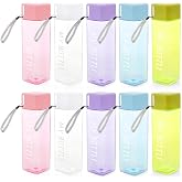 ZEAYEA 10 Pcs Water Bottles Bulk, 15 oz Portable Sports Water Bottle with Lanyard, Leak Proof Reusable Square Plastic Drinking Bottles for Outdoor, Gym, Camping, Fitness, Travel, Office