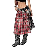 MakeMeChic Women's Plaid Skirt Asymmetrical Low Waist Pleated Split Y2k Midi Skirts