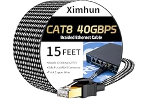 Ximhun Cat 8 Ethernet Cable 15 FT, High-Speed Braided Internet Cable Network Cord with RJ45 Connector 40Gbps 2000Mhz Heavy Du