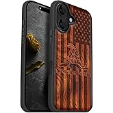 Carveit Magnetic Wooden Case for iPhone 16 Case, Wood Artisan Engraved & Black Soft TPU Shockproof Cover, Compatible with MagSafe Wireless Chargers (Gadsden and American Flag) Rosy