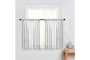 MRTREES Kitchen Curtains Striped Semi-Sheer Tier Curtains Farmhouse Pinstripes Linen Textured Short Cafe Curtain Panels for Bathroom Living Room RV Rustic (2 Panels, W30×L24, Black on White)