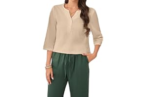 SHOLOW Women Cotton Linen Blouses Dressy Casual 3/4 Length Sleeve Womens Tops Button Down V Neck T Shirt