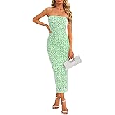 Esooland Women's Jacquard Floral Strapless Bodycon Midi Dress Off Shoulder Tube Beach Wedding Guest Bridal Dresses