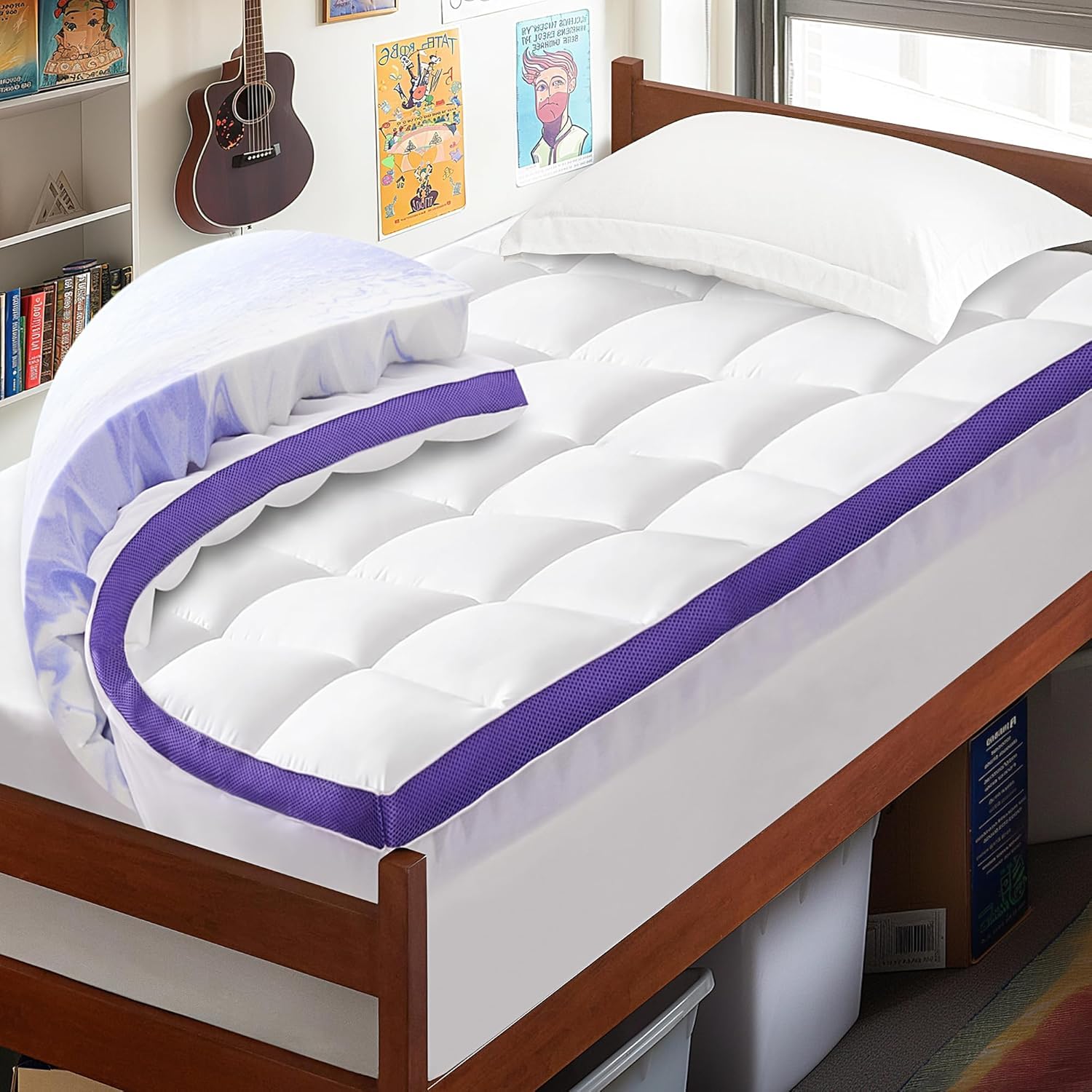 Photo 1 of ChiXpace Dual Layer Memory Foam Twin XL Mattress Topper - 2 Inch Gel Egg Crate Foam and 2 Inch Cooling Pillow Top Cover Rayon, Twin Extra Long College Dorm Support