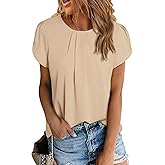 PRETTYGARDEN Women's Tops 2026 Casual Summer Round Neck Short Sleeve Basic Pleated Loose Fit Blouses Plain Tunic Shirts