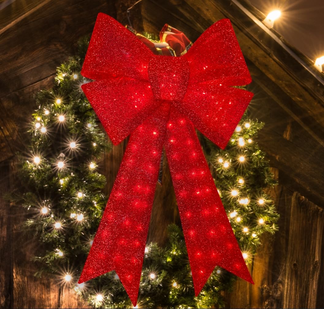 Bows & Ribbons - LAMPHOME Christmas Glitter Red Bow，Lighted Large Christmas Bows Wreath Decoration,Christmas Tree Topper Decorative Bow for Indoor Outdoor Christmas Parties Decorations (40IN 99LED)