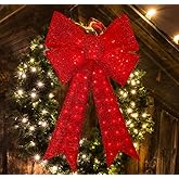 LAMPHOME Christmas Glitter Red Bow,Lighted Large Christmas Bows Wreath Decoration,Tree Topper for Indoor Outdoor Parties Decorations