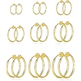 Tornito 9 Pairs Clip on Hoop Earrings for Women Non Pierced Hoop Earrings Fake Spring Hoop Earrings Silver Gold Tone 9 Sizes