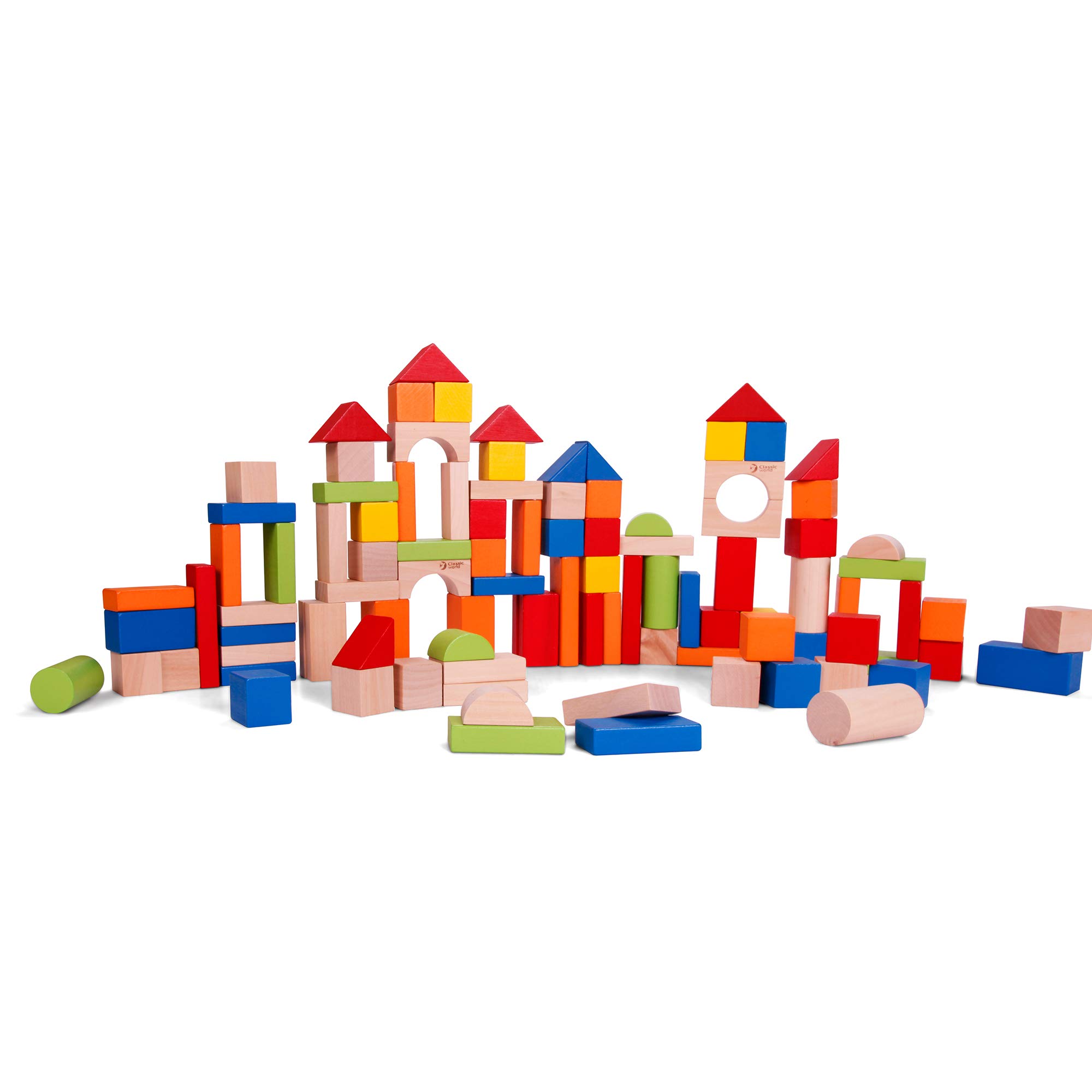 Classic World Wooden Building Blocks Set, Durable, Balancing, Sorting, Stacking, Developmental and Educational, Perception and Sensory Toy, 100-Piece Set, 1 Year+
