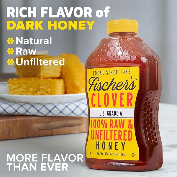 FISCHER’S HONEY CLOVER HONEY 40 OZ – 100% PURE, RAW AND UNFILTERED HONEY IN A SQUEEZE BOTTLE – ALL-NATURAL SWEETENER – RICH FLAVOR PROFILE, PACKED WITH NUTRIENTS