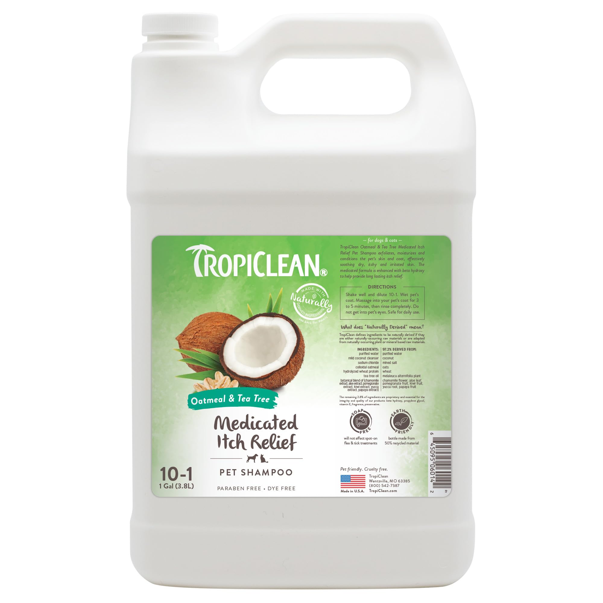 TropiClean Dog Shampoo Grooming Supplies - Medicated Itch Relief Cat & Dog Shampoo for Itchy Skin & Allergies - Derived from Natural Ingredients - Used by Groomers - Oatmeal & Tea Tree, 3.8L
