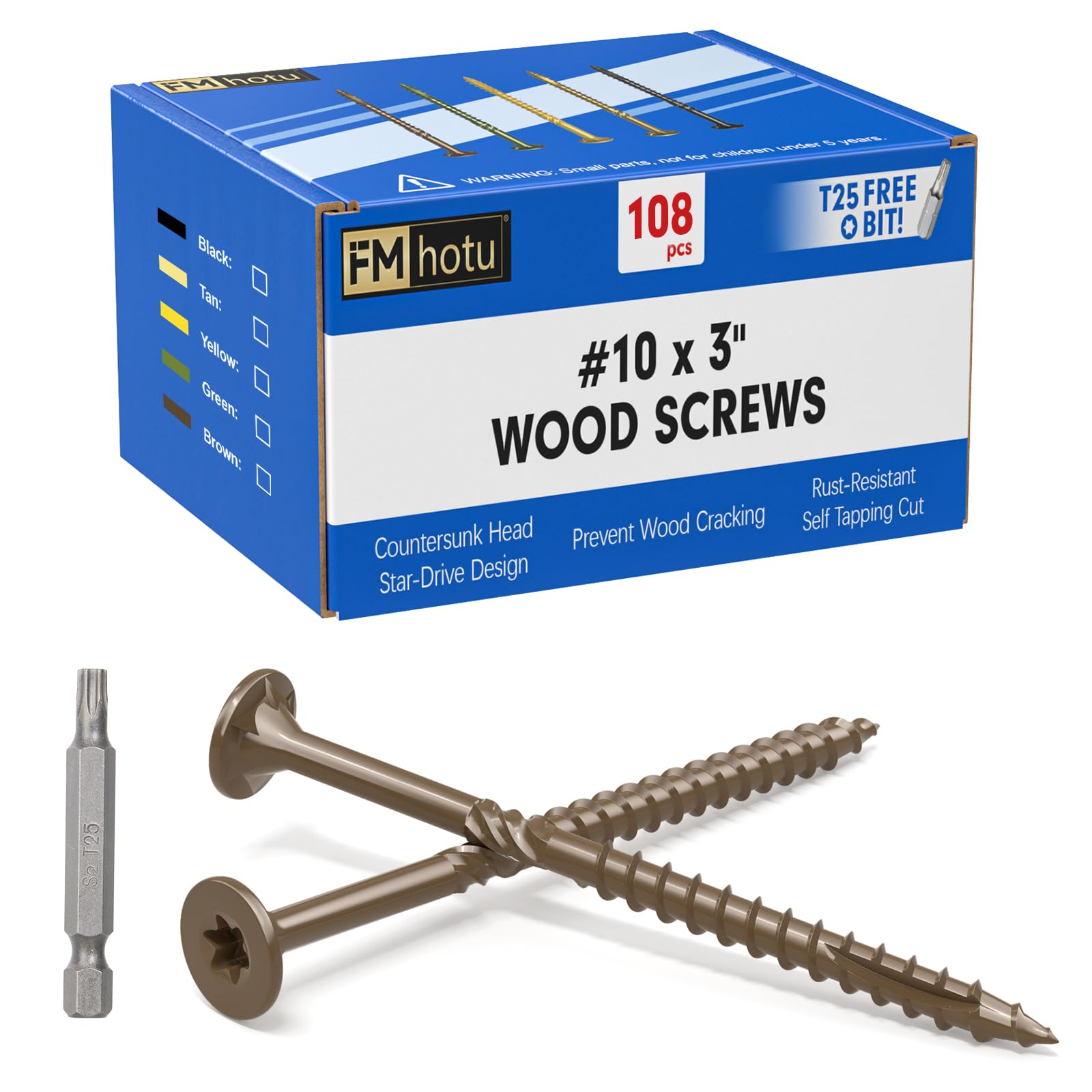 Photo 1 of #10 x 3” Deck Screws, 108Pcs Star Drive Wood Screws, Rust Resistant Timber Screws for Timber/Log/Landscaping Wood, T25 Star Bit Included, Brown