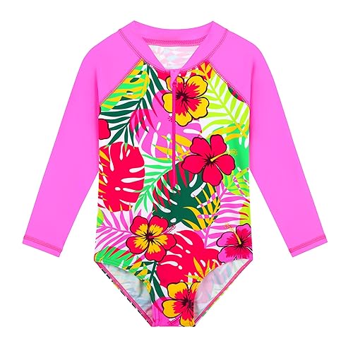 TFJH E Long Sleeve Swimwear Girls Bathing Suits UV 50+ One Piece Rash Guard Shirt 319 HotPink Flower 152/158