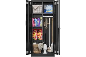 Yizosh Broom Closet Storage Cabinet, Metal Storage Cabinet with Hanging Rod,Utility Cabinets for Brooms and Mops, Cleaning To