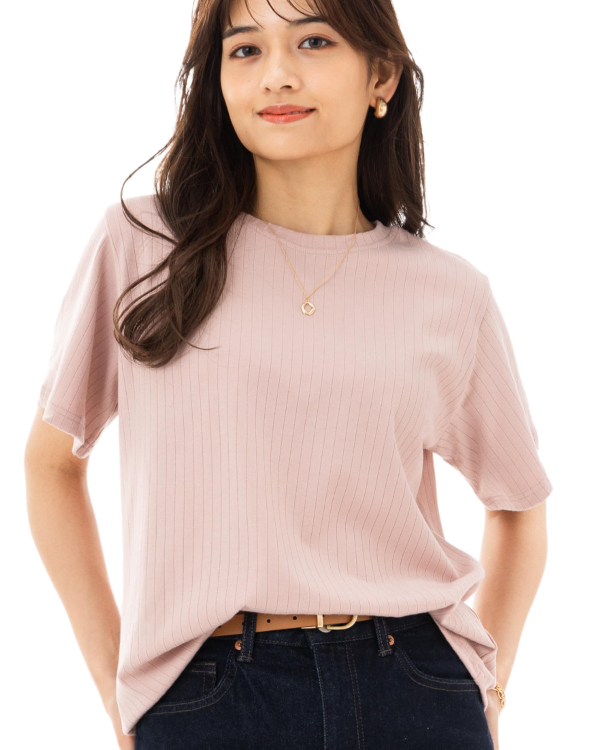 [Fiorior] 【柔らかな着心地】 カットソー tシャツ レディース 半袖 リブ カジュアル 無地 クルーネック 丸首 シンプル 夏 ティーシャツ かわいい トップス ピンク 【シンプル×かわいい】 の商品画像