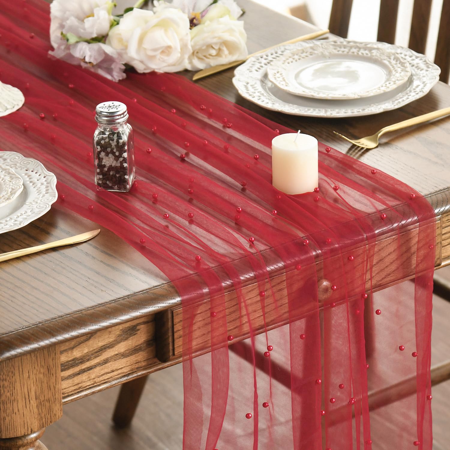 Photo 1 of Artoid Mode Pearl Red Gauze Table Runner 120 Inch 10FT, Seasonal Sheer Dining Holiday Wedding Birthday Baby Shower Table Decor for Home Party