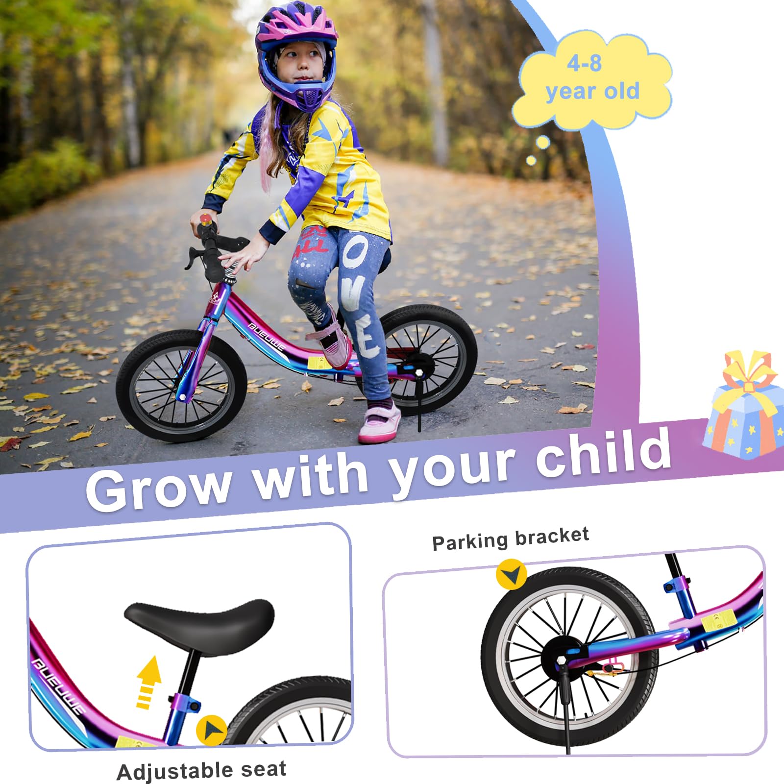 16 inch Balance Bike 4 5 6 7 8 Year Old Boys Girls,No Pedal Training Bicycle with Brakes and Kickstand,Outdoor Sports Birthday Gift