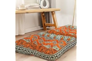HIGOGOGO Square Bohemian Floor Cushion, Cotton Linen Boho Design Seat Cushion for Adults Kids, Thick Meditation Pillow for Yoga Living Room Sofa Balcony Outdoor, Orange, 22x22 Inch, 1 Pack