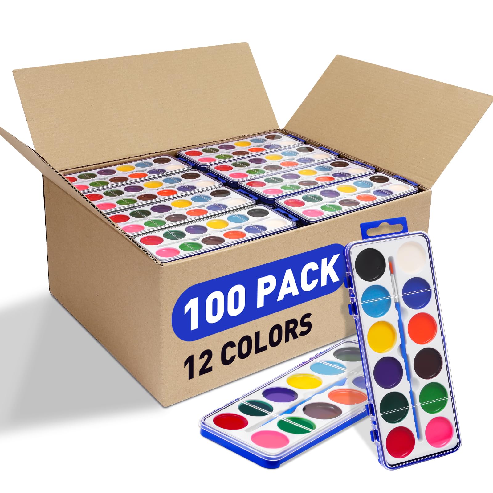 Photo 1 of 100 Pack Watercolor Paint Set for Kids, 12 Colors Watercolors Paints with Paint Brush, Kids Watercolor Paint Set for Party Favor, Classroom,School Supplies.
