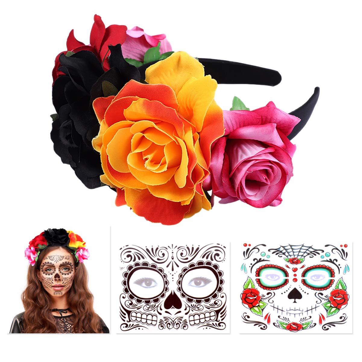 FRCOLOR Day of The Dead Headband - Mexican Rose Flower Headband with Halloween Temporary Face Tattoos for Party (Color 2)