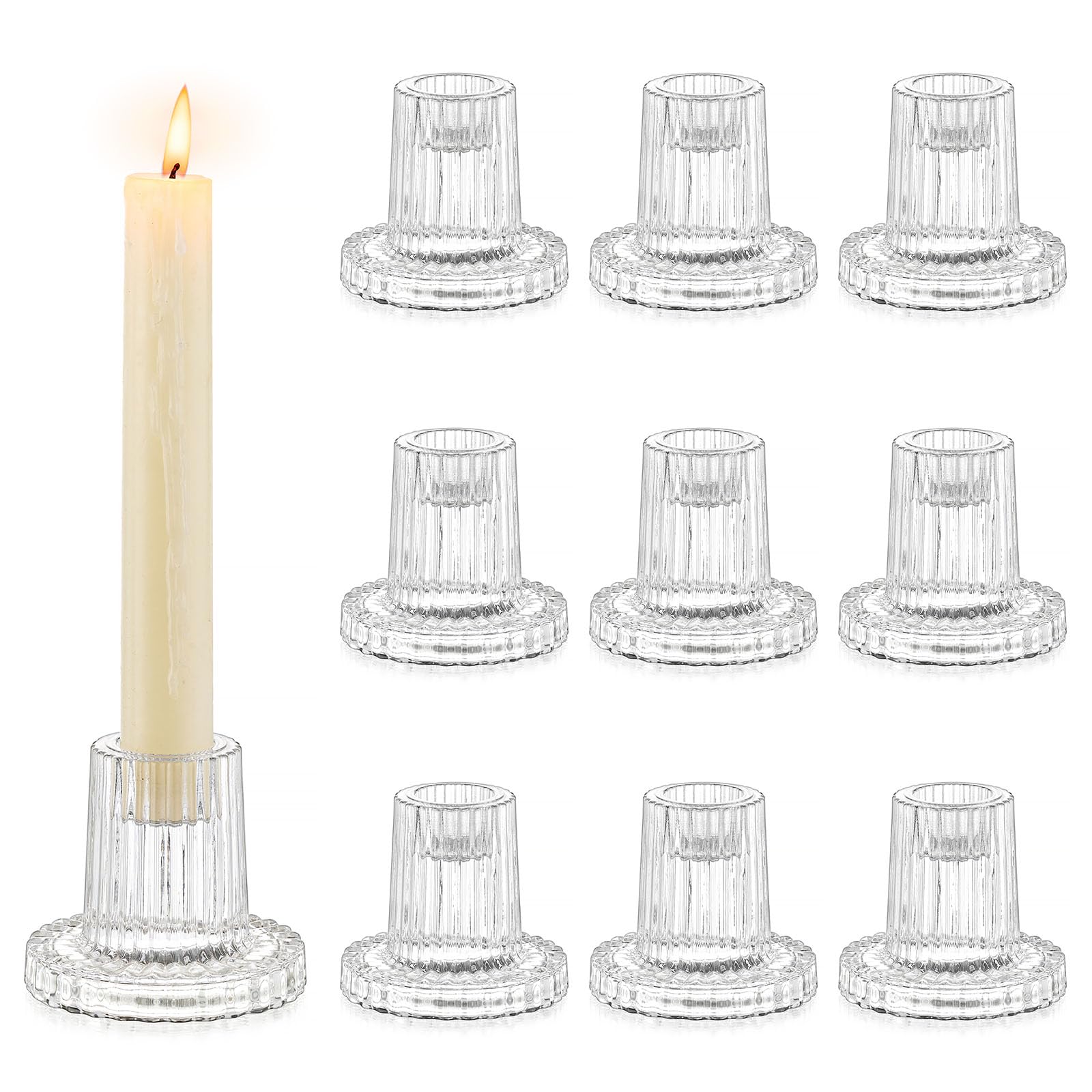 Romadedi Glass Candle Holder for Candlestick - 10Pcs Clear Small Candle Sticks Holder Christmas Wedding Decor Bulk for Taper Party Table Living Room Dinner Advent Centrepiece Halloween