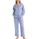 COZYPOIN Womens Gingham Pajama Sets Scalloped Collar Cotton Plaid Button Down Long Sleeve Shirt and Pants Y2K Lounge Set