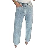 Sexyshine Women's Diamond Rhinestone Jeans High Waist Straight Wide Leg Stretchy Bling Denim Pants