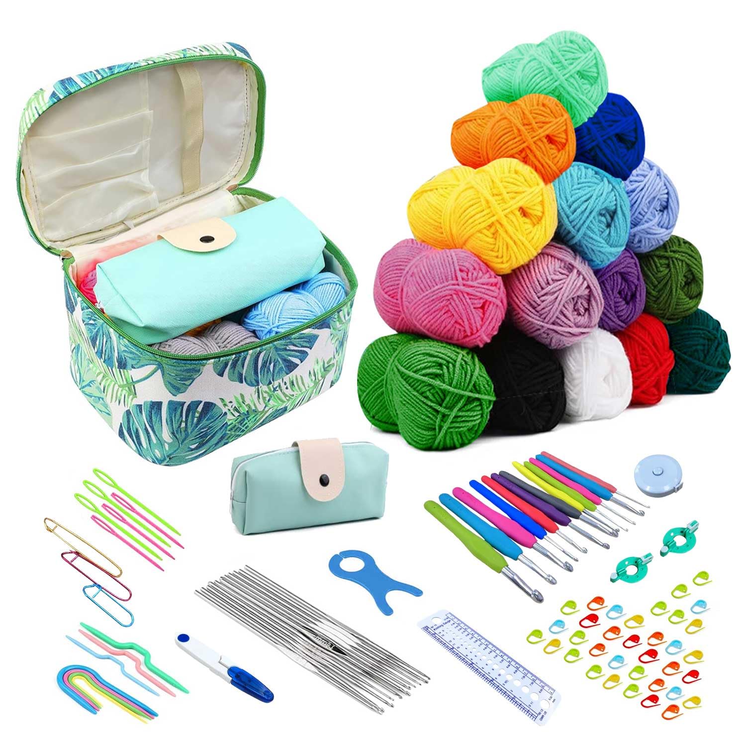 Crochet Hooks Set, 113 PCS Crochet Kits for Beginners Adults, 15Pcs 25g Colorful Yarn Balls with 0.6-9.0mm Starter Kits, Ergonomic Metal Hooks Include Storage Bag & Storage Case