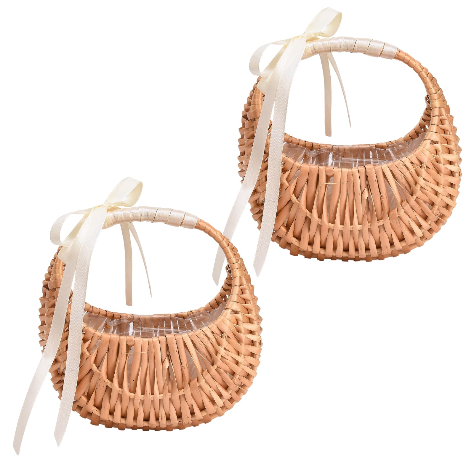 Photo 1 of 2 PCS Wicker Rattan Flower Baskets Small Half Moon Wicker Basket with Handle and Ribbons Wedding Flower Girl Straw Basket Willow Woven Storage for Wedding Party Decor(Brown)