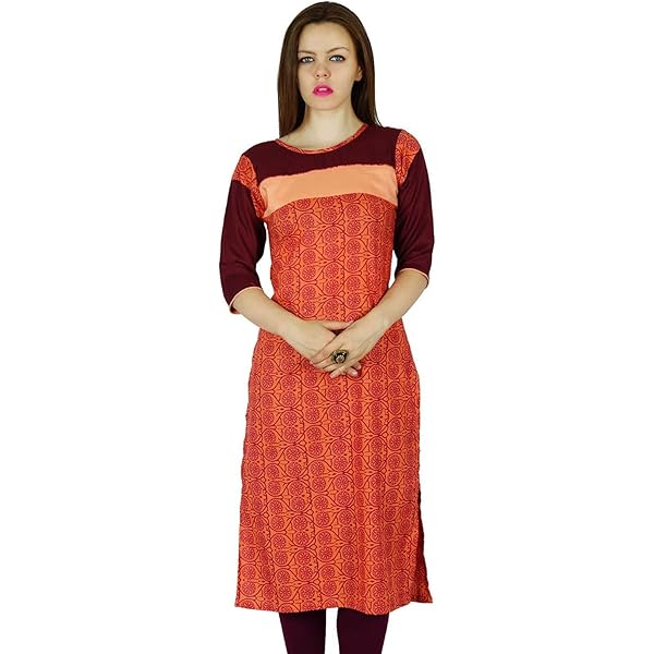 Amazon.com: Bimba Women 3/4 Sleeve Indian Kurta Kurti Long Tunic Blouse  Casual Clothing Maroon and Orange : Clothing, Shoes & Jewelry