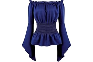 JUTRISUJO Womens Renaissance Tops Medieval Long Sleeve Off The Shoulder Pirate Shirt Gothic Peasant Blouse Smocked Boho