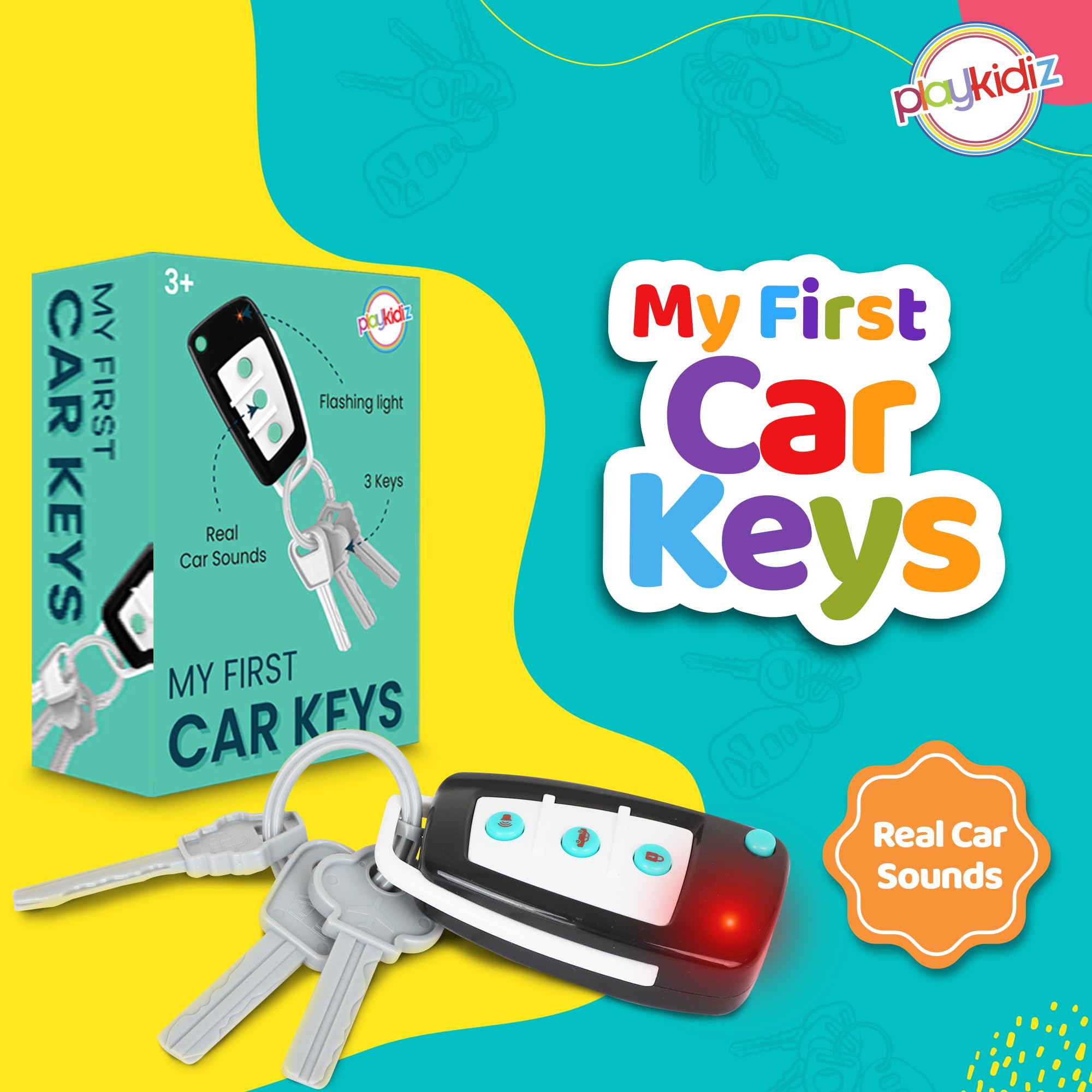Playkidiz Toy Car Keys - Real Looking Play Toddler Remote Car Key - Interactive Kids Baby Keys with Lights and Sound Effetcs - Pretend Toy Keys for Boys Girls Age 3+