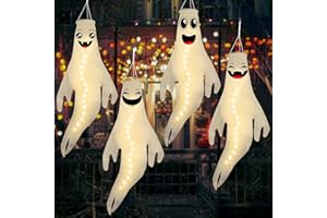 Geefuun 4PCS Warm Light Halloween Cute Ghost Windsocks Hanging Decorations - 43 Inch Flag Wind Socks for Home Yard Outdoor Decor Party Supplies (Batteries Not Included,No Timer)