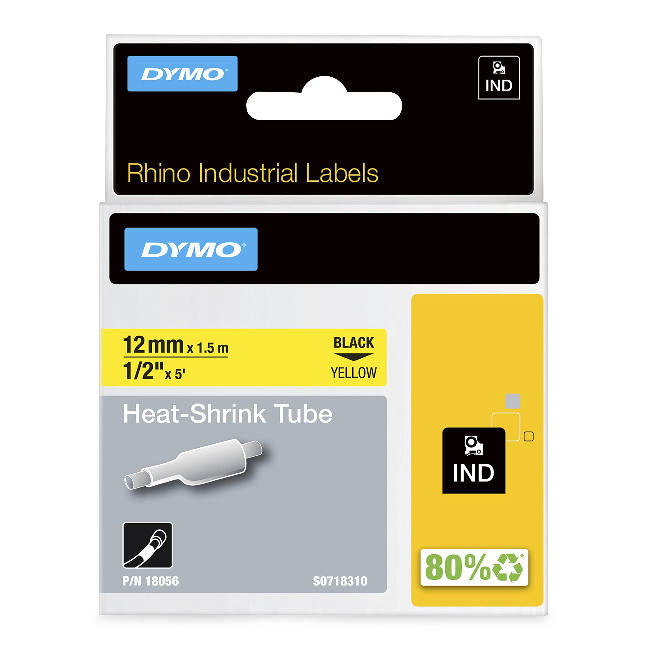 DYMO Rhino Industrial Heat-Shrink Cable Label Tubes | 12 mm x 1.5 m | Black Print on Yellow | for Rhino Label Makers