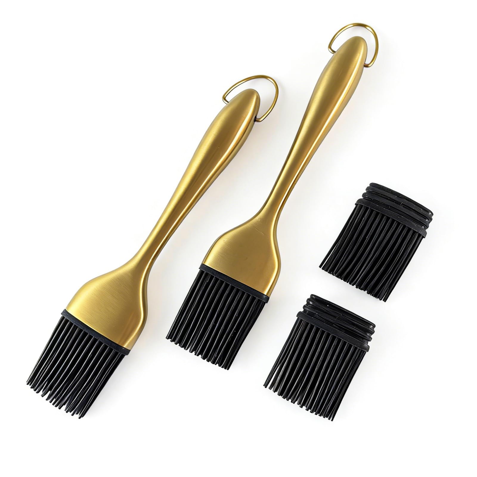 mingcheng 2 Pack Grill Basting Brush with 2 Pack Silicone Brush Heads, Stainless Steel Handles, Gold