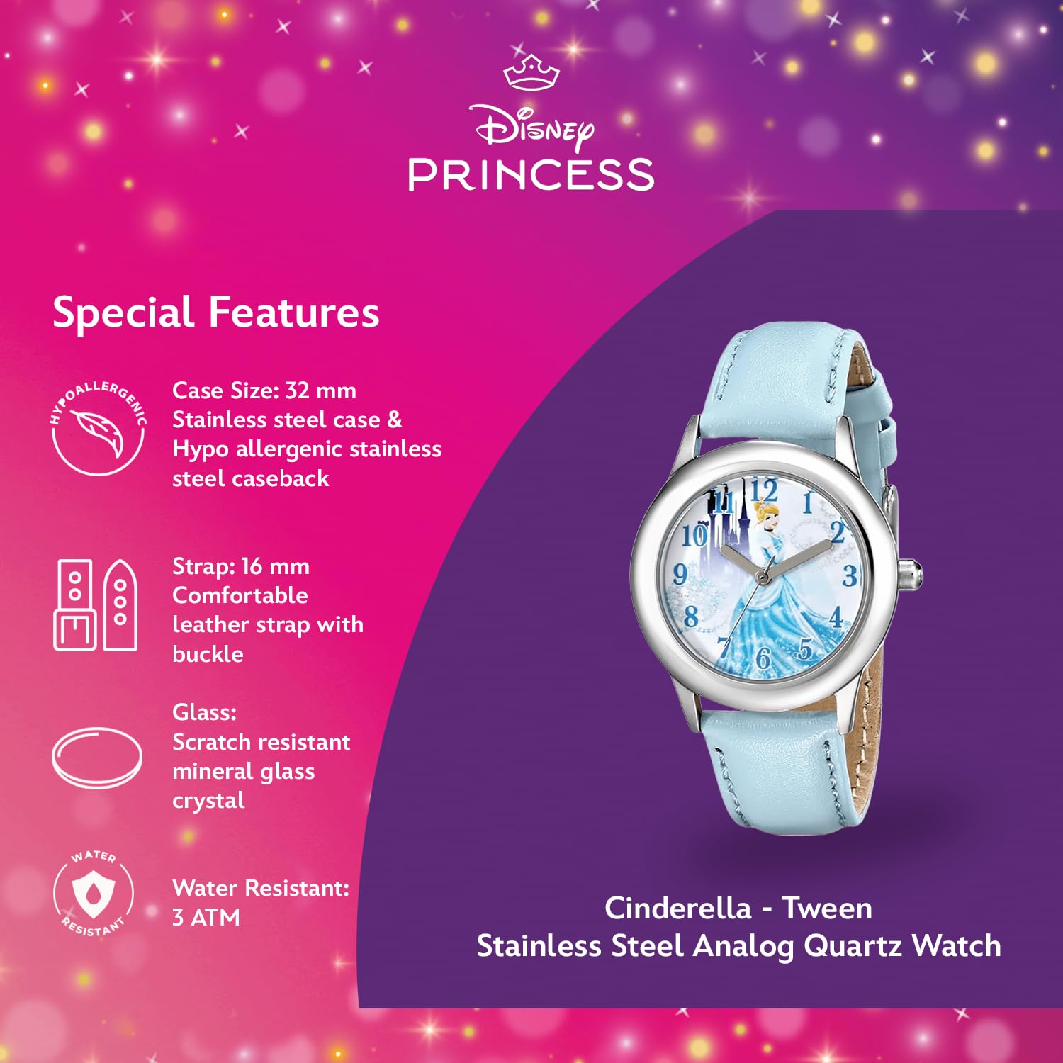 Disney Princess Watch for Girls Age 3–5 Featuring Cinderella with Flowing Dress – Ideal for Kids Who Lovee Fantasy Vibes, Dreamlike Art, and Storybook Style – Aqua Nylon Strap with Velcro Closure