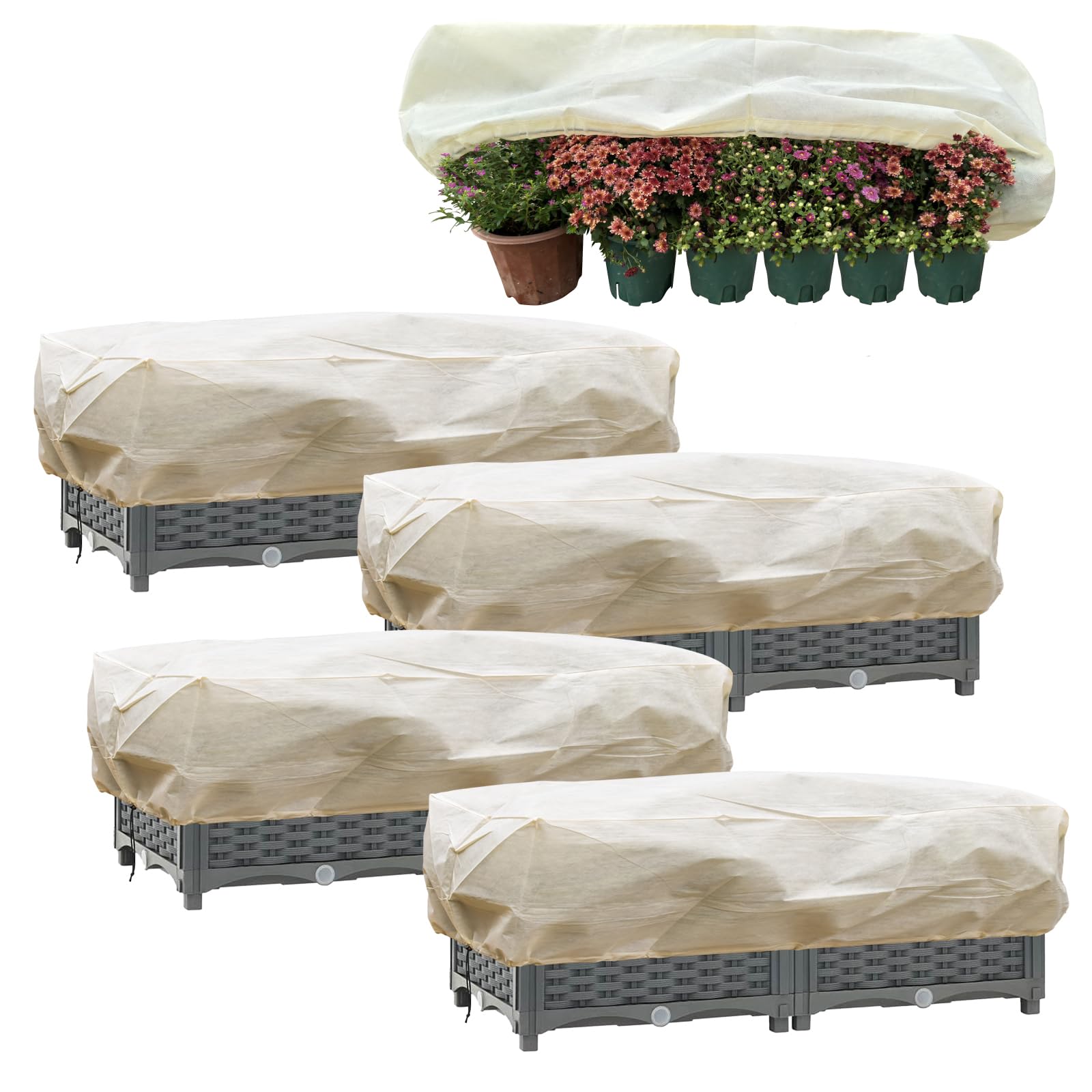 iBamso Winter Plant Fleece Frost Protection Cover, Plant Covers Freeze Protection for Balcony Flower Box, Reusable Plant Warming Jackets with Drawstring-50gsm/4 Pack (150 x 45 x 40 cm)