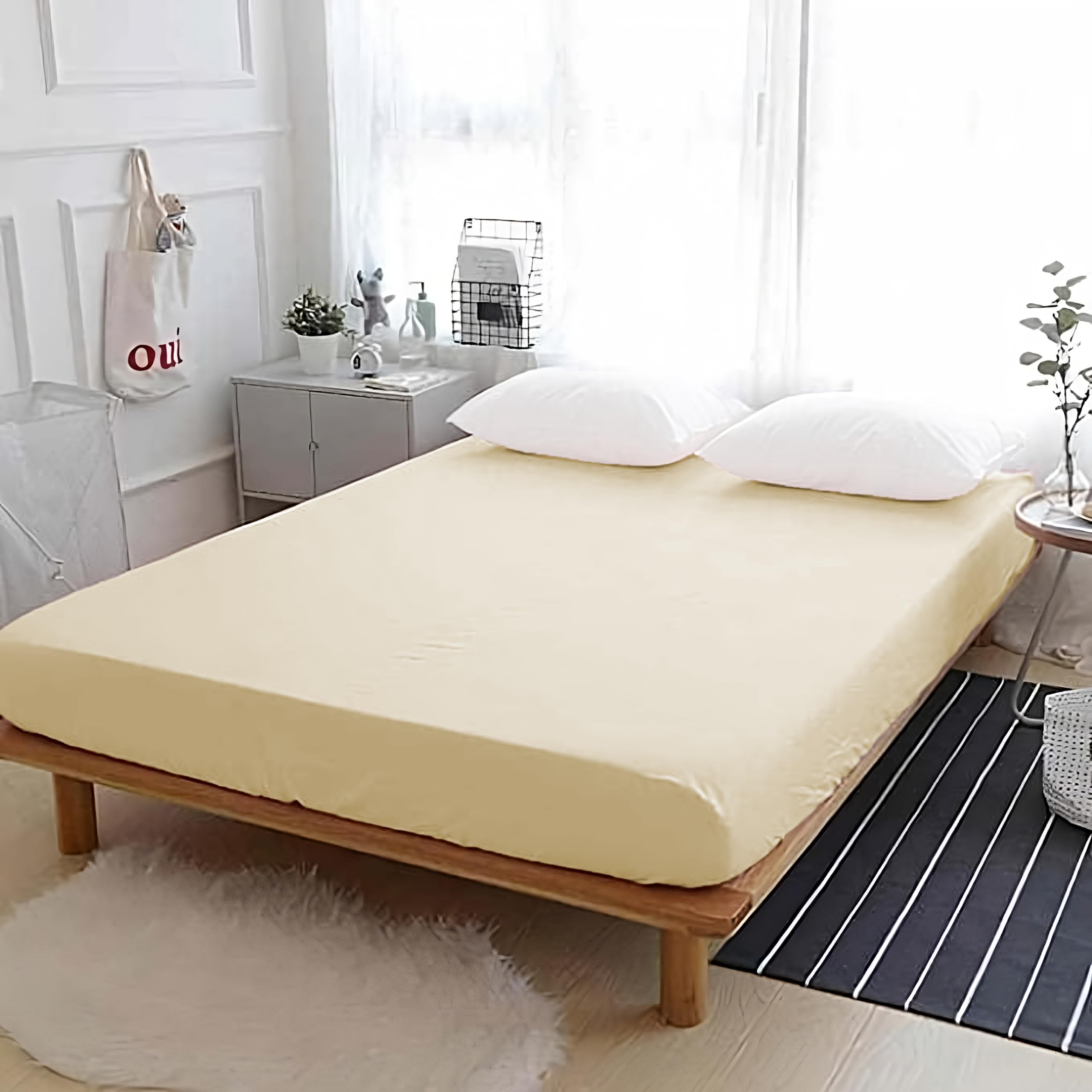 APEX FURNISHINGS Fitted Sheet Double Cream, 100% Egyptian Cotton deep fitted sheets double bed 300 Thread Count 300 TC Easy Care, Breathable Bed Sheets (140x190cm)
