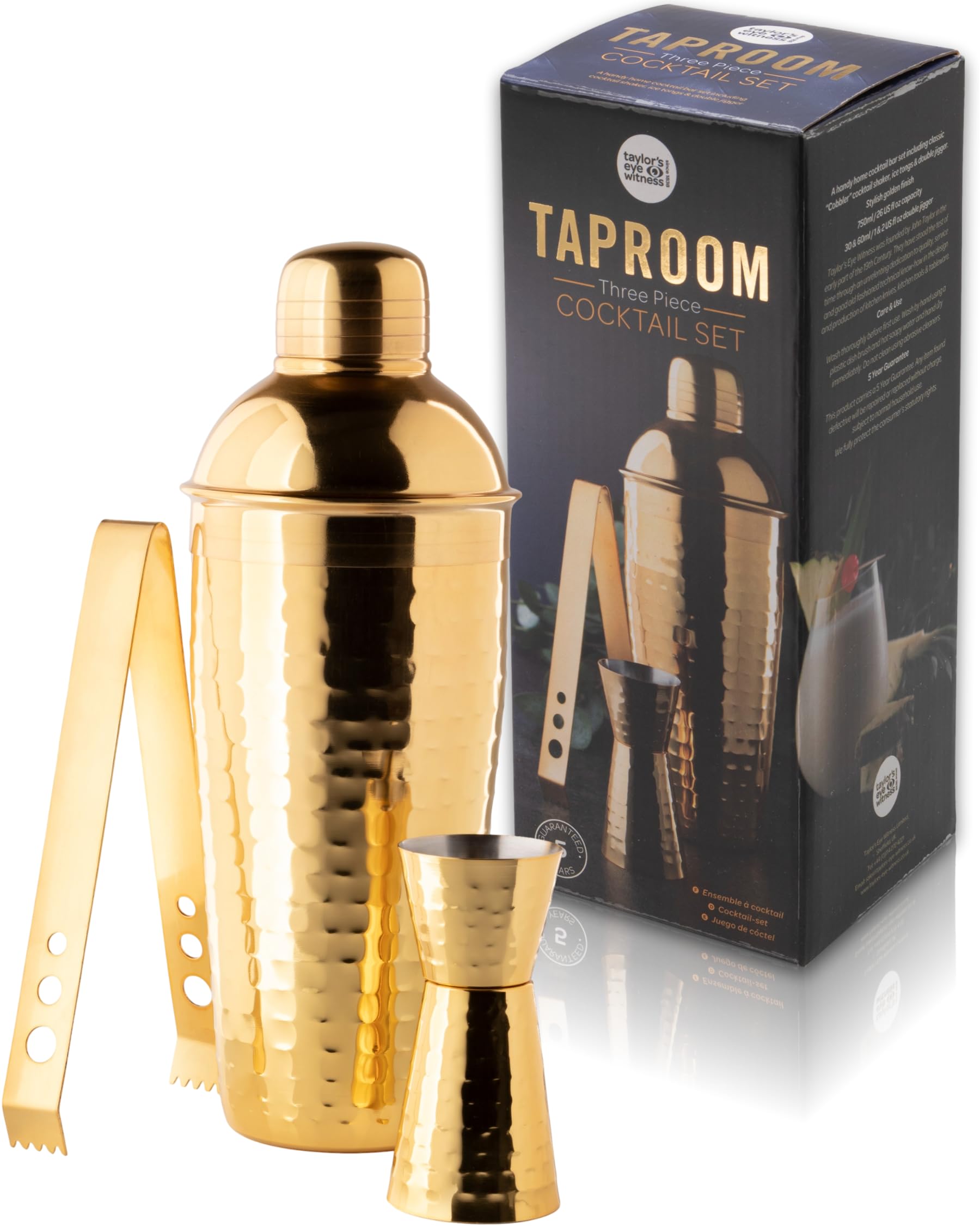 Taylor's Eye Witness Taproom 3pcs Gold Coloured Hammered Stainless-Steel Cocktail Shaker Set - Includes 500ml (17.5fl oz) Metal Cobbler Shaker, 25ml/40ml Double Jigger & Ice Tongs.